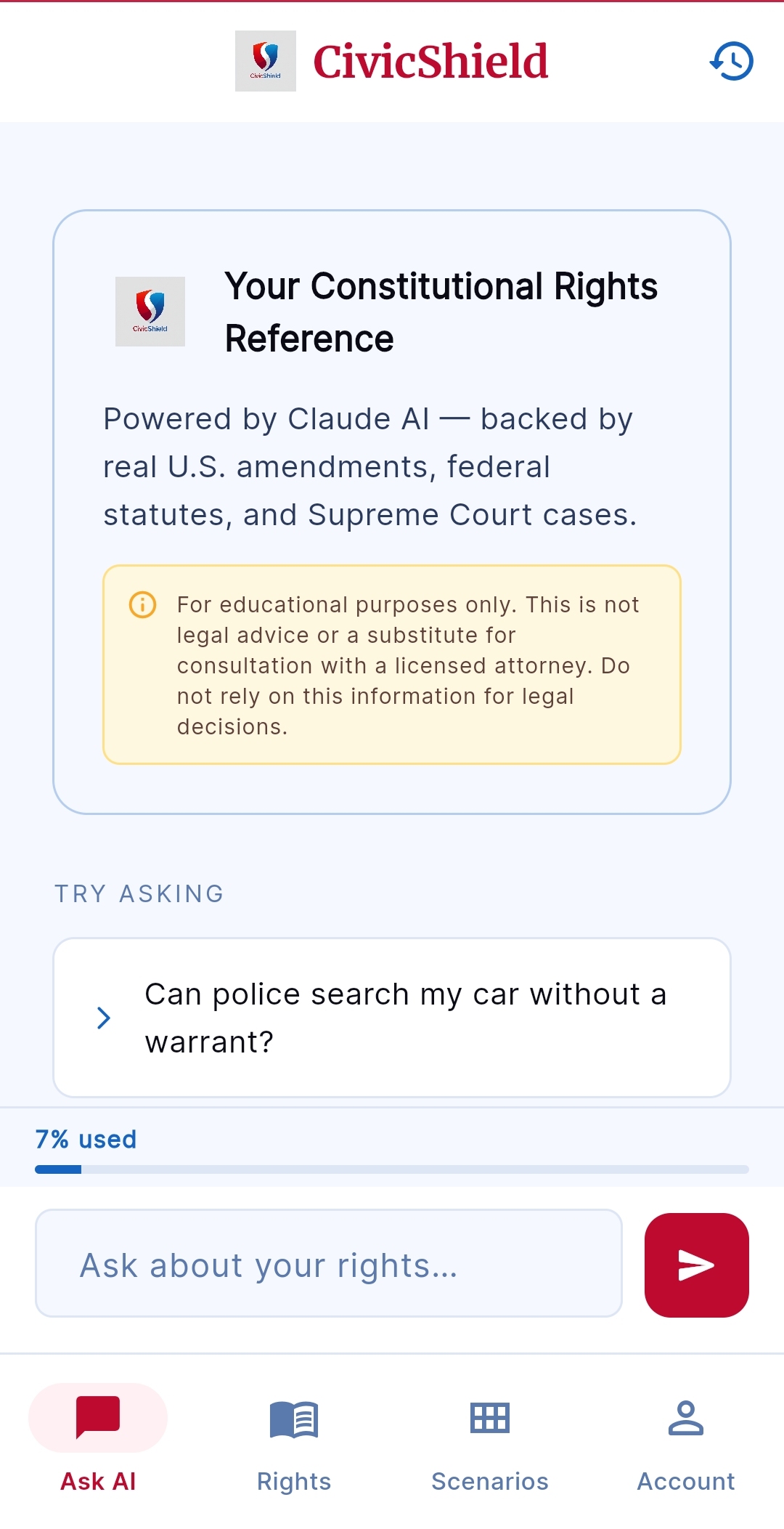 CivicShield AI Chat — ask questions about your constitutional rights
