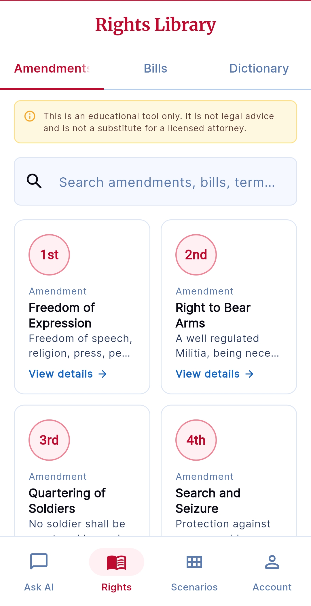CivicShield Rights Library — browse constitutional amendments