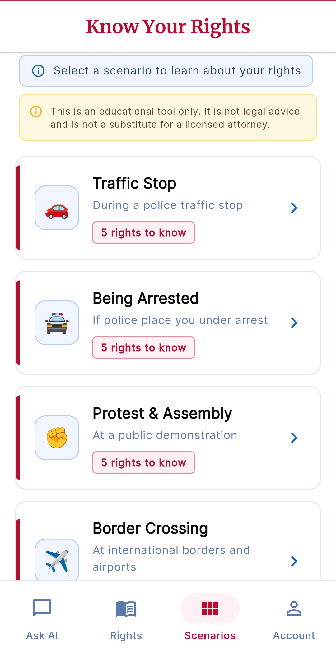 CivicShield Scenarios — traffic stop, arrest, protest, and more