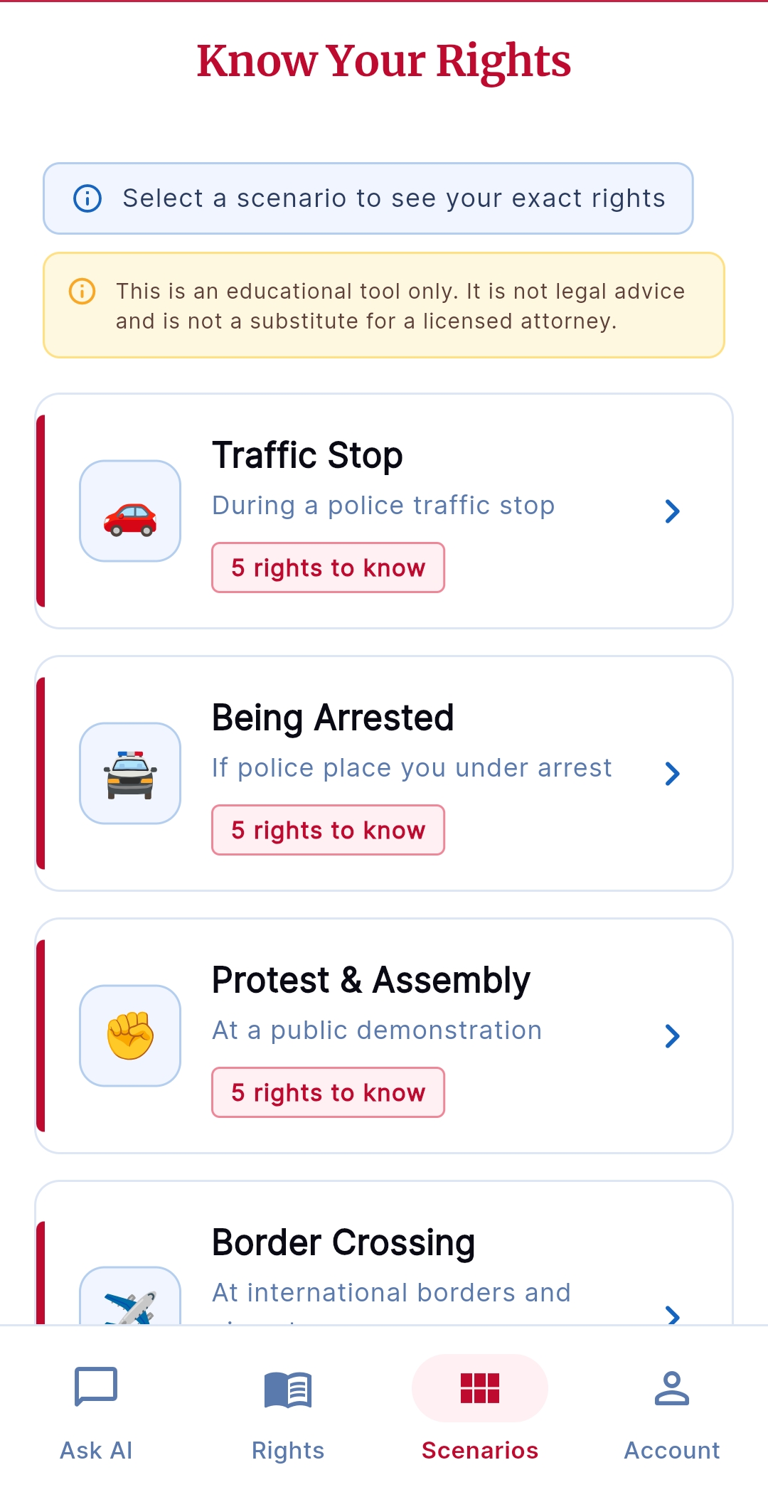 CivicShield Scenarios — traffic stop, arrest, protest, and more