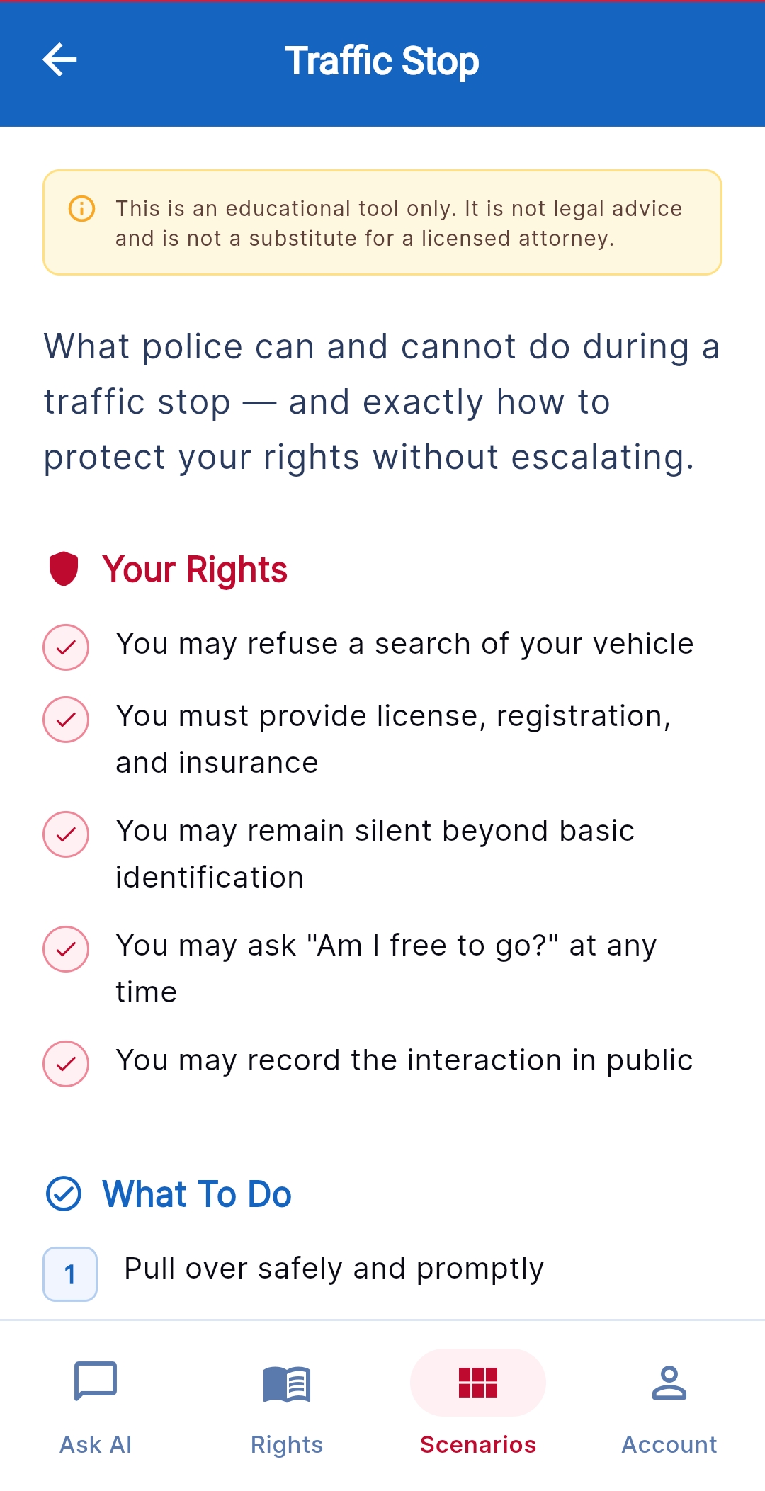 CivicShield Traffic Stop scenario — know your exact rights